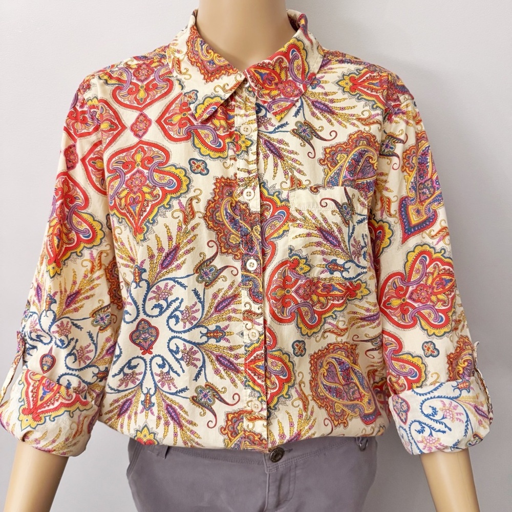 Vintage Floral Paisley Pattern Boho Festival Hippie Button Down Shirt Blouse - Picture 2 of 16